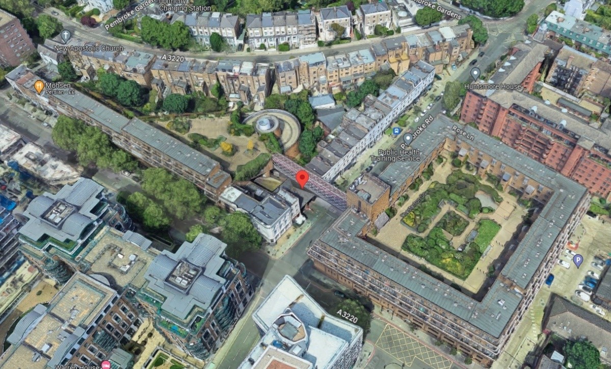 Figure 1: Northside Garages to the left, Southside to the right with the link bridge above Pembroke Road – Google Earth ©