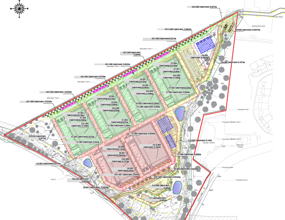 Figure 3 Drainage Strategy Layout showing surface water runoff catchments and SuDS measures